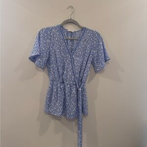 Blue and White Floral Wrap Tie Blouse